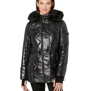Michael Kors Black Quilted Faux Fur Trim Puffer Coat | Size XL